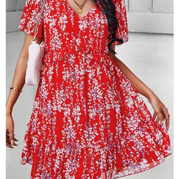 Women’s Summer Dress Ruffle V Neck Tunic Dress Floral Casual Loose flowy dress - Picture 5 of 11